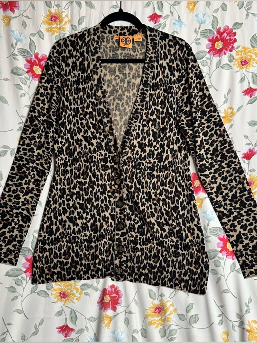 TORY BURCH LEOPARD MERINO KNIT CARDIGAN BEIGE/BLACK/BROWN SIZE L PLEASE READ